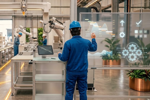 Factory production floor with BLUERP work order and shop floor tracking dashboard