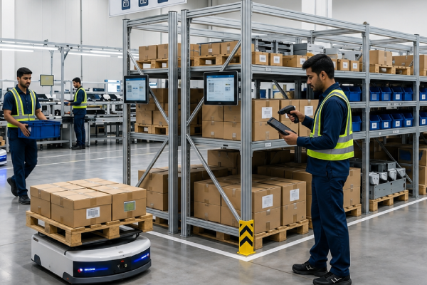 Warehouse shelves with BLUERP real-time multi-location inventory visibility